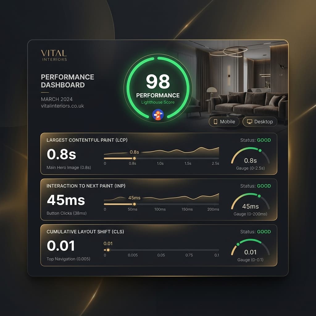 Core Web Vitals performance score comparison.