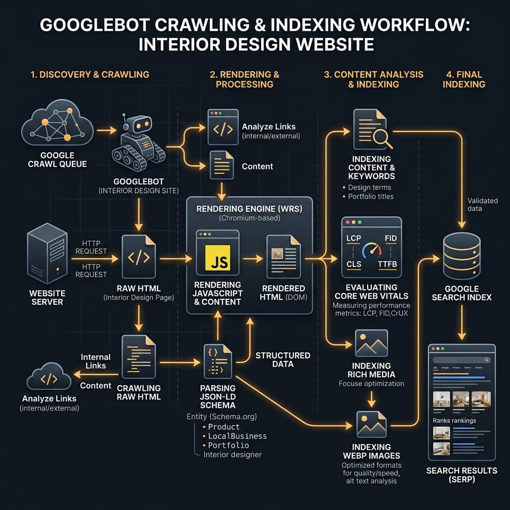 Technical pipeline showing how Googlebot crawls, renders, and indexes web pages.