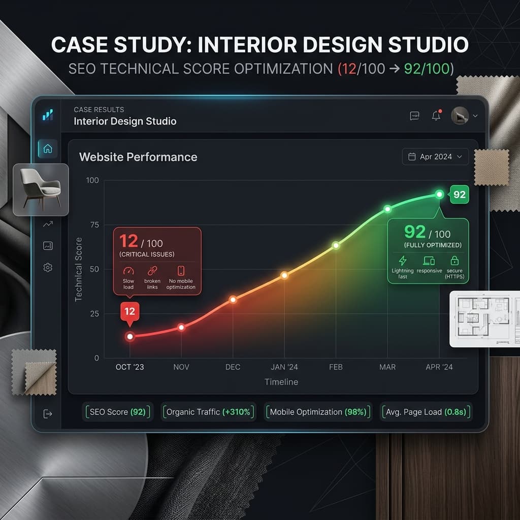 Technical SEO score transformation from 12/100 to 92/100.